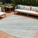 8' X 10' Ivory Blue And Green Striped Washable Indoor Outdoor Area Rug