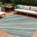 8' X 10' Sky Blue Beige And Tan Striped Washable Indoor Outdoor Area Rug