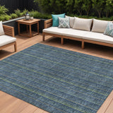 8' X 10' Blue Denim Blue And Mint Green Striped Washable Indoor Outdoor Area Rug