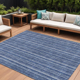 8' X 10' Denim Blue And Ivory Striped Washable Indoor Outdoor Area Rug
