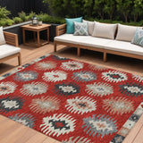 8' X 10' Red Ivory And Salmon Southwestern Washable Indoor Outdoor Area Rug