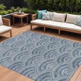 8' X 10' Denim Blue Navy Blue And Ivory Geometric Washable Indoor Outdoor Area Rug