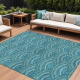 8' X 10' Teal Blue Fern Green And Ivory Geometric Washable Indoor Outdoor Area Rug