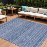 8' X 10' Denim Blue And Sky Blue Striped Washable Indoor Outdoor Area Rug