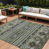 8' X 10' Fern Green Taupe And Ivory Tribal Washable Indoor Outdoor Area Rug