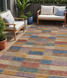 5' X 8' Beige Blue And Gold Striped Washable Indoor Outdoor Area Rug