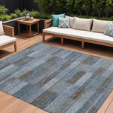 8' X 10' Blue Denim Blue And Brown Striped Washable Indoor Outdoor Area Rug