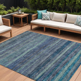 8' X 10' Blue And Gray Striped Washable Indoor Outdoor Area Rug