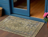 3' X 5' Artichoke Green And Denim Blue Medallion Washable Indoor Outdoor Area Rug