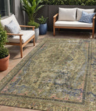 5' X 8' Artichoke Green And Denim Blue Medallion Washable Indoor Outdoor Area Rug