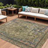 8' X 10' Artichoke Green And Denim Blue Medallion Washable Indoor Outdoor Area Rug
