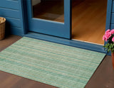3' X 5' Aqua Beige And Teal Blue Striped Washable Indoor Outdoor Area Rug