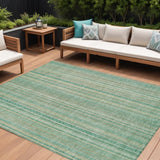 8' X 10' Aqua Beige And Teal Blue Striped Washable Indoor Outdoor Area Rug