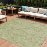 8' X 10' Artichoke Green And Beige Damask Washable Indoor Outdoor Area Rug