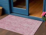 3' X 5' Pink And Ivory Damask Washable Indoor Outdoor Area Rug