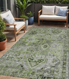 5' X 8' Artichoke Green And Gray Floral Medallion Washable Indoor Outdoor Area Rug