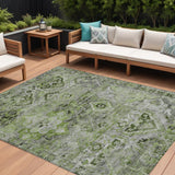 8' X 10' Artichoke Green And Gray Floral Medallion Washable Indoor Outdoor Area Rug