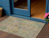 3' X 5' Green Teal Blue And Mauve Floral Medallion Washable Indoor Outdoor Area Rug