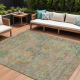 8' X 10' Green Teal Blue And Mauve Floral Medallion Washable Indoor Outdoor Area Rug