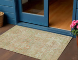 3' X 5' Salmon Fern Green And Beige Floral Medallion Washable Indoor Outdoor Area Rug
