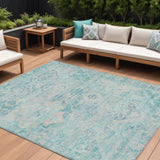 8' X 10' Teal Blue And Pink Floral Medallion Washable Indoor Outdoor Area Rug