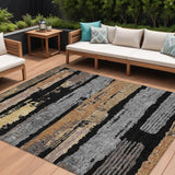 8' X 10' Black Gold And Brown Striped Washable Indoor Outdoor Area Rug