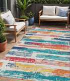 5' X 8' Ivory Teal Blue Orange And Red Striped Washable Indoor Outdoor Area Rug