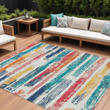 8' X 10' Ivory Teal Blue Orange And Red Striped Washable Indoor Outdoor Area Rug