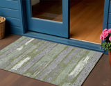 3' X 5' Olive Green Ivory And Blue Striped Washable Indoor Outdoor Area Rug