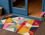 3' X 5' Ivory Orange And Burgundy Geometric Washable Indoor Outdoor Area Rug