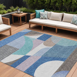 8' X 10' Sky Blue Teal Blue And Brown Geometric Washable Indoor Outdoor Area Rug