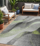5' X 8' Artichoke Green Gray And Silver Abstract Washable Indoor Outdoor Area Rug