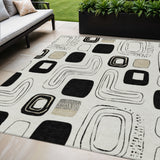 5' X 8' Ivory Black And Beige Geometric Washable Indoor Outdoor Area Rug