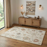 4' X 6' Ivory Tan And Gray Wool Floral Hand Knotted Area Rug