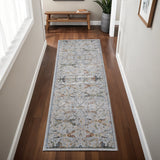 8' Gray Blue And Green Floral Runner Rug