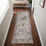 8' Gray Black And Red Ikat Runner Rug