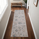 8' Taupe Ivory And Blue Floral Distressed Runner Rug With Fringe