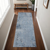 8' Light Blue And Black Abstract Runner Rug
