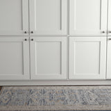 8' Blue Taupe And Ivory Ikat Distressed Runner Rug With Fringe