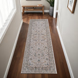 8' Gray Blue And Red Ikat Distressed Runner Rug With Fringe