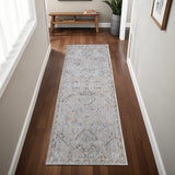 8' Ivory Blue And Tan Abstract Distressed Runner Rug With Fringe