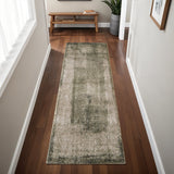 8' Green And Tan Abstract Distressed Runner Rug