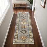 8' Blue Taupe And Gray Geometric Hand Knotted Runner Rug With Fringe