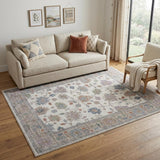 5' X 8' Ivory Brown And Blue Floral Distressed Area Rug