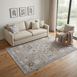 5' X 8' Gray Blue And Taupe Floral Distressed Area Rug