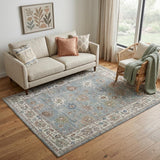 5' X 8' Blue Ivory And Brown Floral Distressed Area Rug