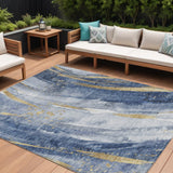8' X 10' Blue Gold And Ivory Abstract Washable Indoor Outdoor Area Rug