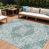 8' X 10' Teal Blue And Ivory Medallion Washable Indoor Outdoor Area Rug