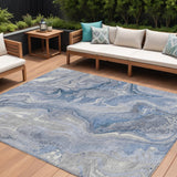 8' X 10' Denim Blue And Ivory Abstract Washable Indoor Outdoor Area Rug