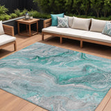 8' X 10' Teal Blue And Ivory Abstract Washable Indoor Outdoor Area Rug